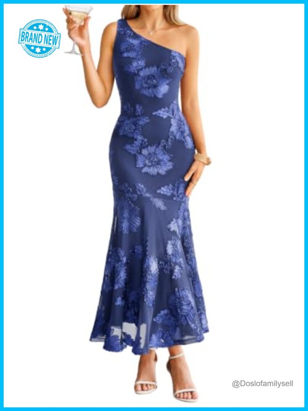 One Shoulder Embroidered Mesh Bodycon Maxi Dress Mermaid Formal Party